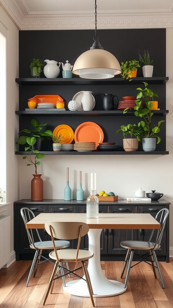 A boho chic dining room featuring open shelving with colorful dishware and plants.