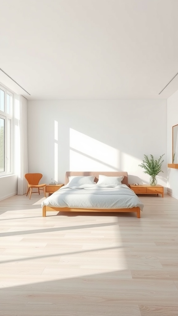 A minimalist bedroom featuring an open space design with large windows, a simple bed, and a chair.