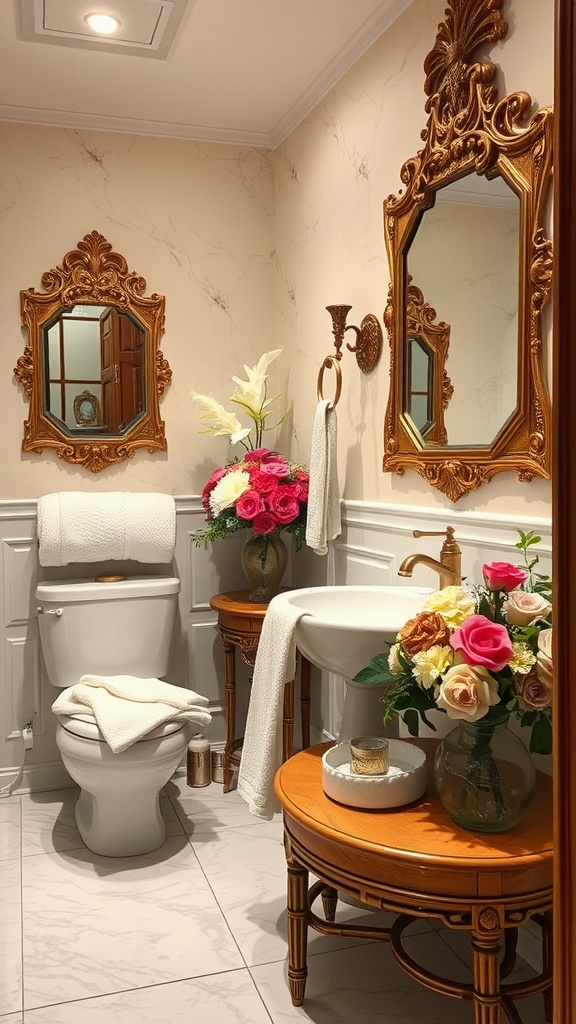 A beautifully designed bathroom featuring ornate mirrors, floral decorations, and elegant fixtures.