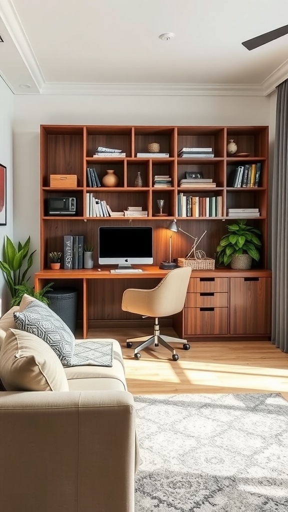 Cozy home office setup featuring a couch, bookshelves, and a computer.