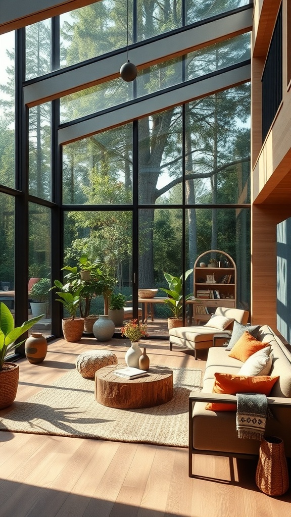 A modern living room featuring large glass windows, potted plants, and natural wooden furniture