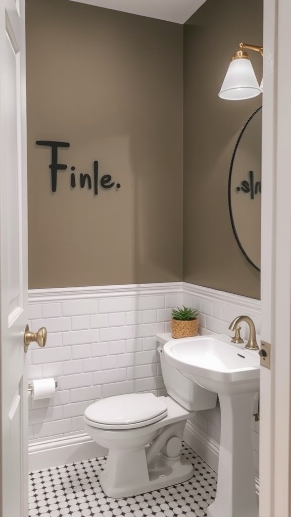 A small bathroom with a warm-toned accent wall, featuring the word 'Finle,' white wainscoting, and a small plant on the sink.