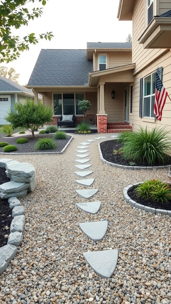 A charming front yard pathway made of gravel and stone, leading to a cozy porch.