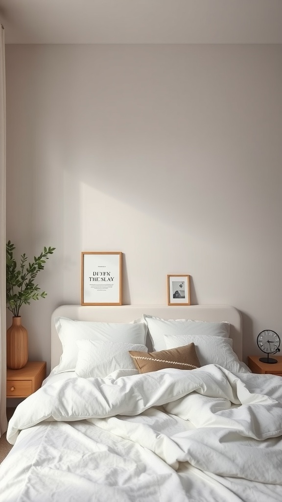 A minimalist bedroom with a soft color palette, featuring a cozy bed, nightstands, and decorative touches.