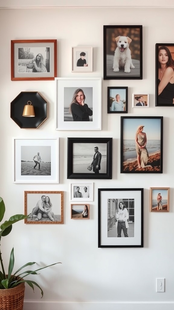 A gallery wall with various framed photos and a central sign that says 'ME'.