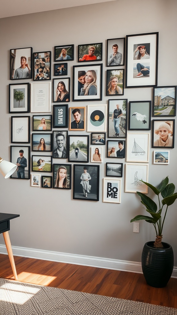 A cozy gallery wall featuring a variety of framed photos and artwork.