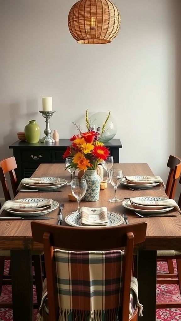 A boho chic dining room with patterned plates, plaid napkins, and a colorful flower arrangement.