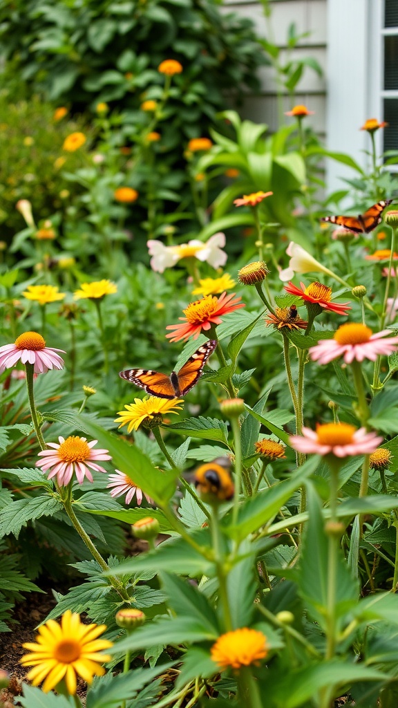 A vibrant garden filled with colorful flowers and butterflies.