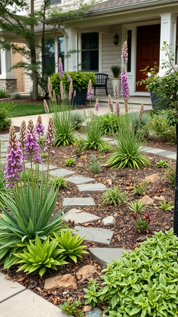 A beautiful front yard featuring a rain garden with various plants and stones.
