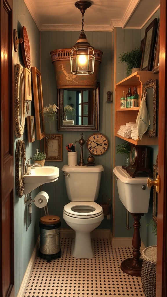 A small vintage-inspired bathroom decorated with various repurposed items, including frames, a lamp, and natural elements.