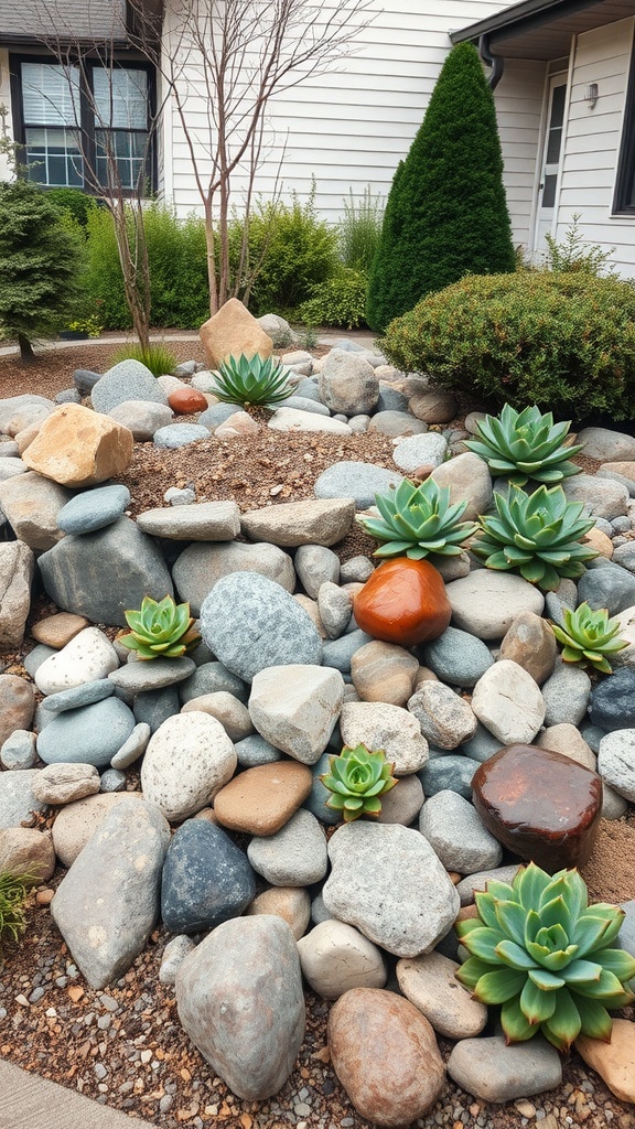 A well-designed rock garden featuring various stones and succulent plants.