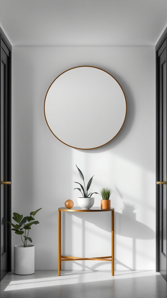 Bright entryway featuring a round mirror above a table with plants and a decorative item.