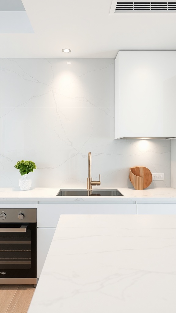 Modern kitchen with seamless white marble backsplash and sleek fixtures