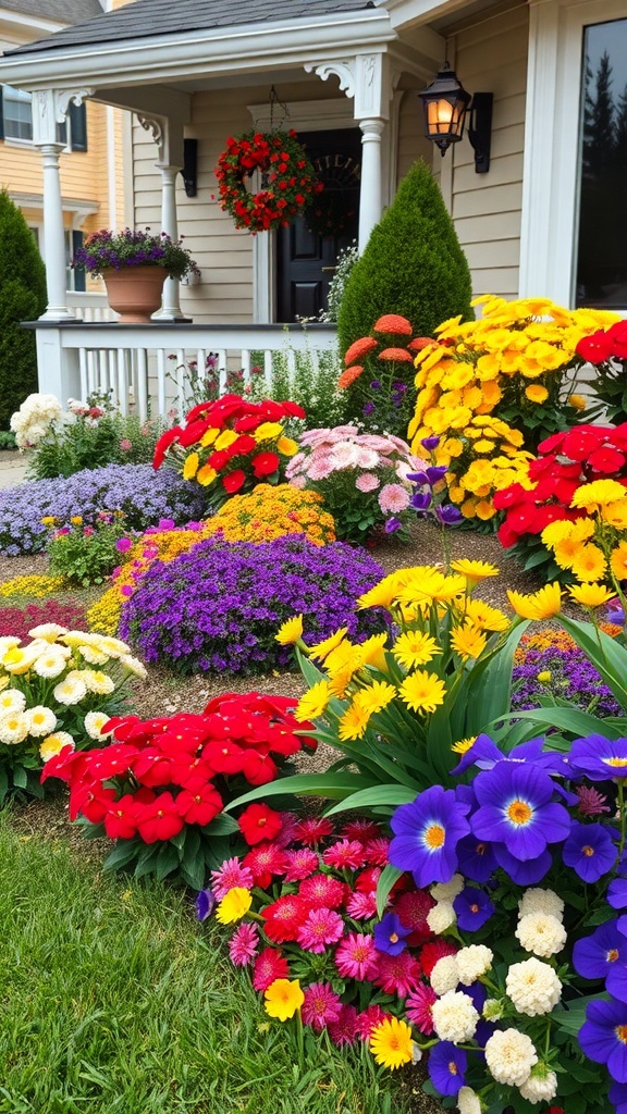 Colorful front yard with various blooming annual flowers.