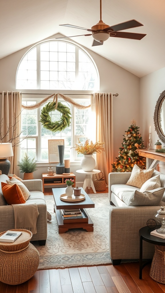 A cozy living room decorated for the winter season with a wreath, Christmas tree, and warm lighting.