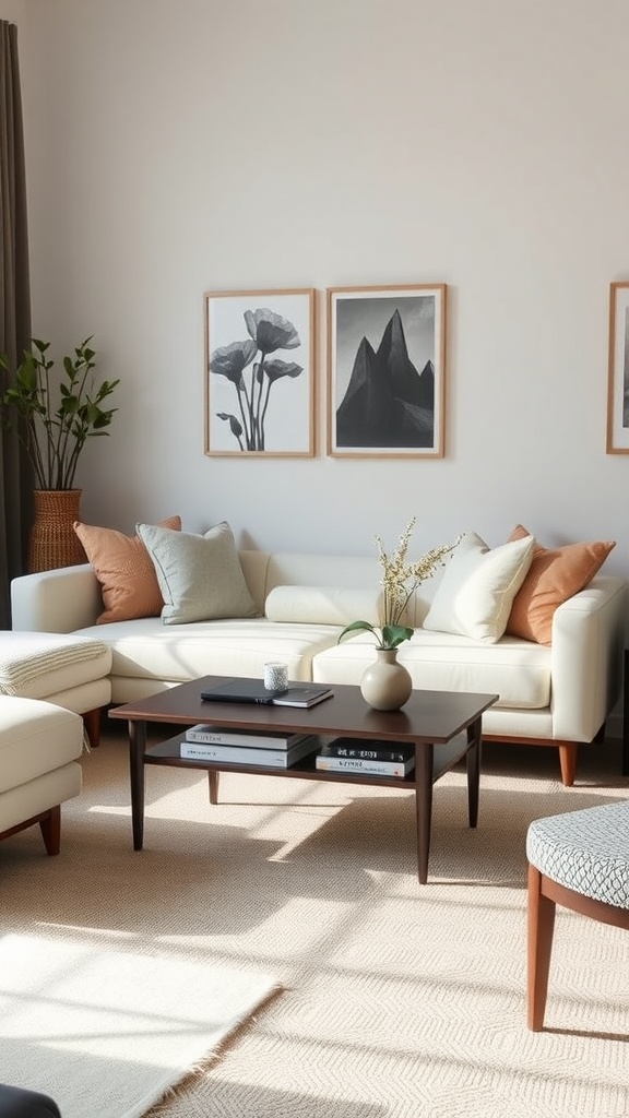 A cozy small living room featuring a compact coffee table, light-colored sectional sofa, and decorative pillows.