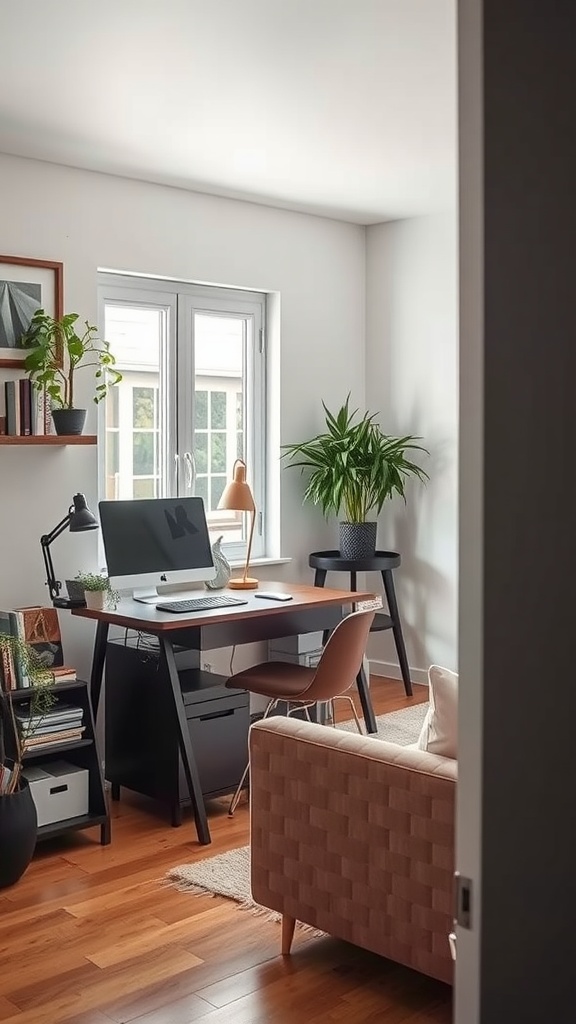 Cozy home office with a desk, plants, and a couch.