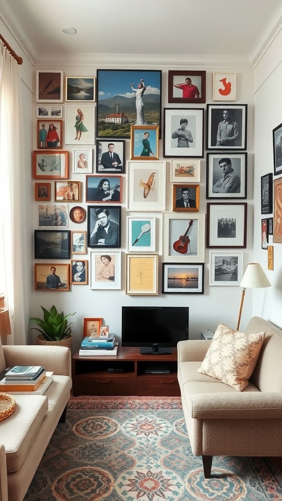 A cozy small living room with a gallery wall of framed art and personal photos.