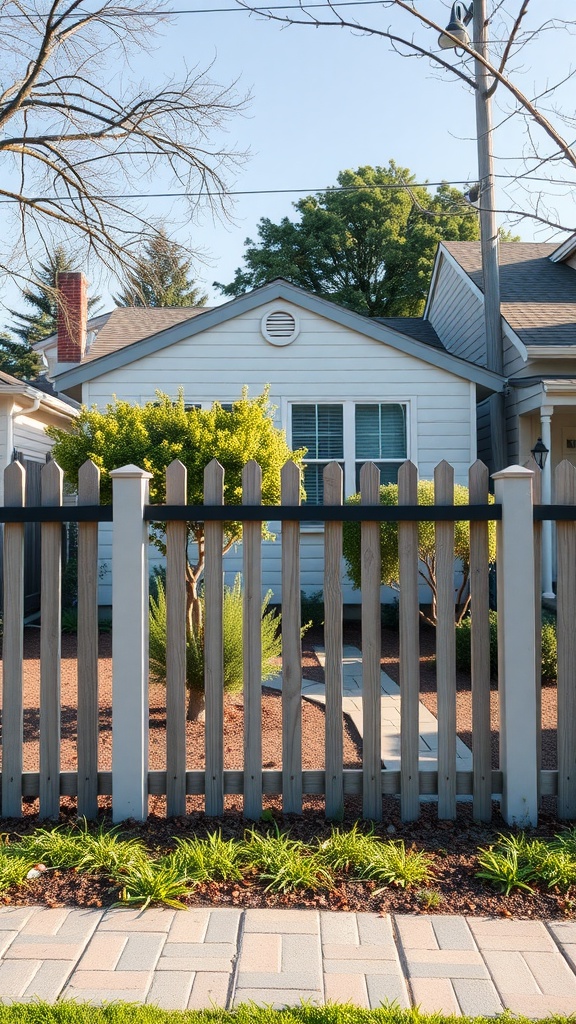 A front yard with a simple wooden fence, featuring neatly landscaped plants and a clear pathway.