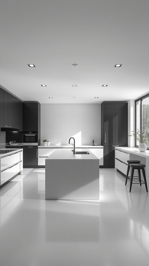 A modern minimalist kitchen featuring a central island, sleek cabinets, and bright lighting.