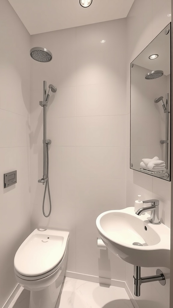 A modern bathroom with sleek fixtures including a shower, sink, and toilet, all in a minimalist design.