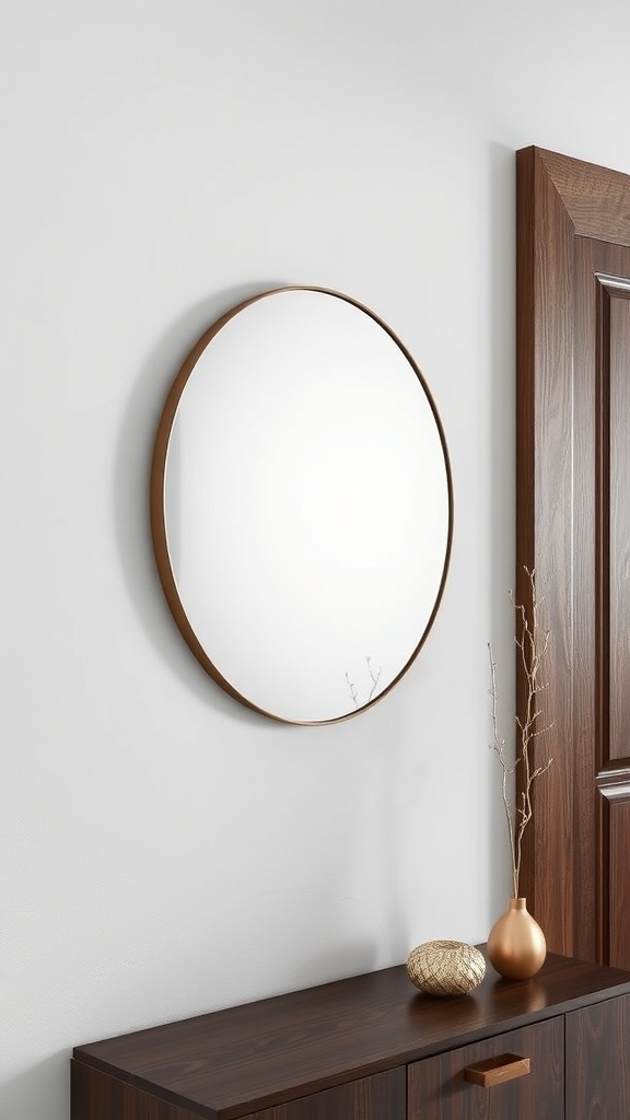 Sleek round mirror with minimalist frame hanging on a wall above a wooden console.