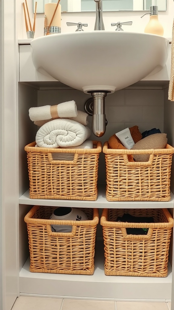 Storage baskets arranged neatly under a bathroom sink, holding towels and toiletries.