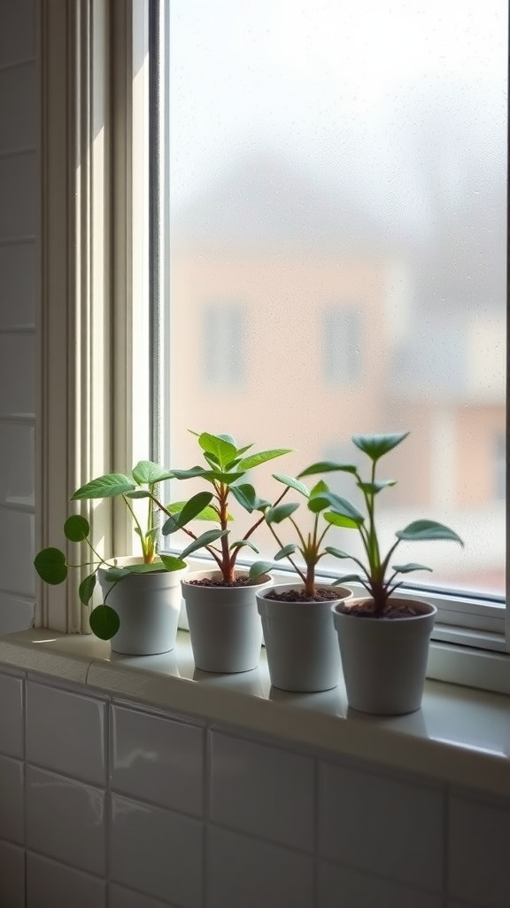 A sunny bathroom windowsill with small potted plants in white pots