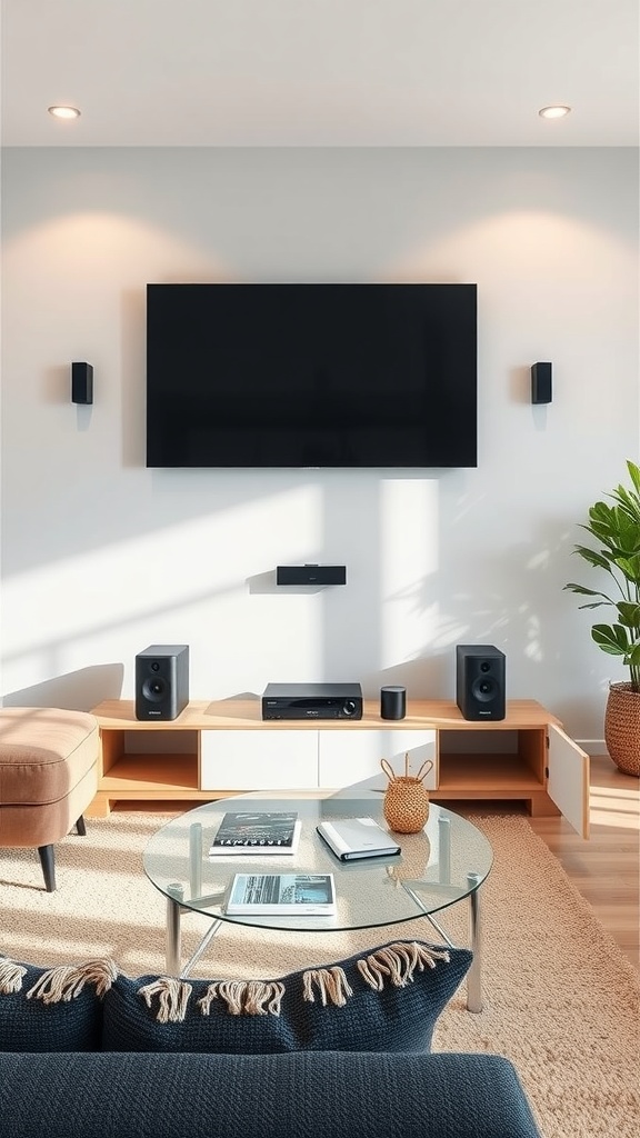 Modern living room featuring a wall-mounted TV, sound speakers, and stylish furniture.