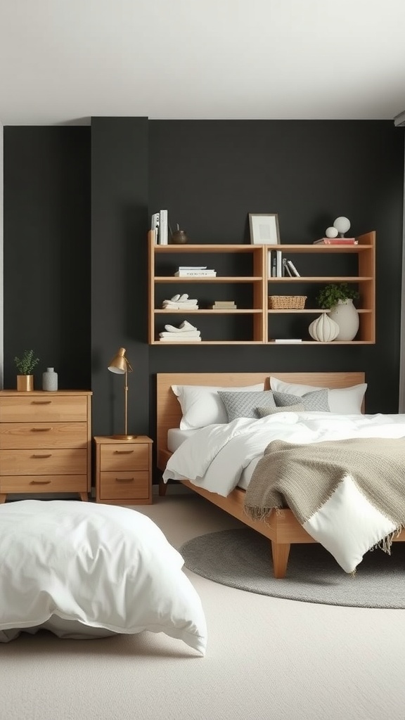 A minimalist bedroom featuring wooden furniture with smart storage solutions.