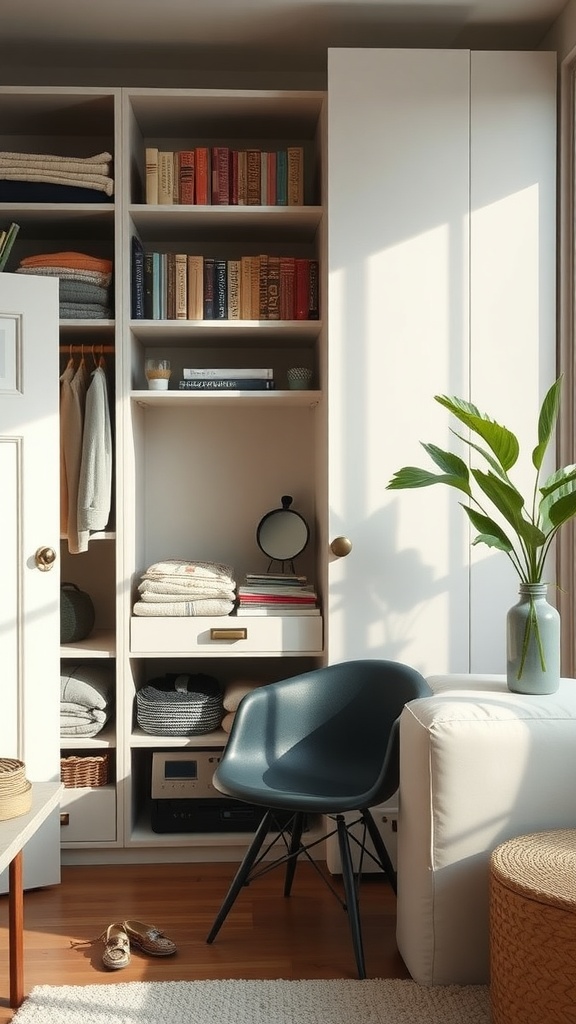 Cozy modern storage solutions with open shelving and a stylish chair