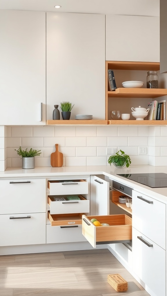 A modern kitchen with pull-out drawers and open shelves, featuring a clean and organized design.