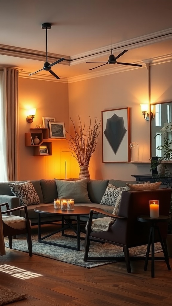 Cozy living room with soft lighting and warm colors.