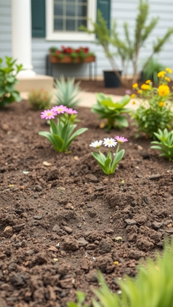 A close-up of freshly prepared soil with flowers starting to bloom in a landscaped front yard.
