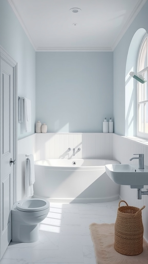 A serene bathroom with light blue walls, a white bathtub, and soft lighting.