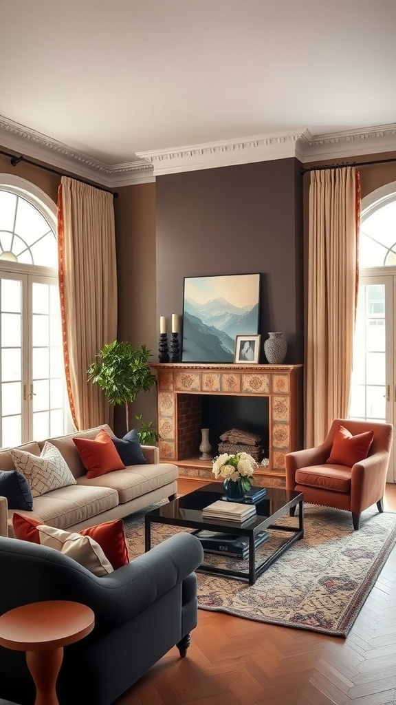 A sophisticated living room featuring warm and cool color tones, elegant curtains, and modern furniture.