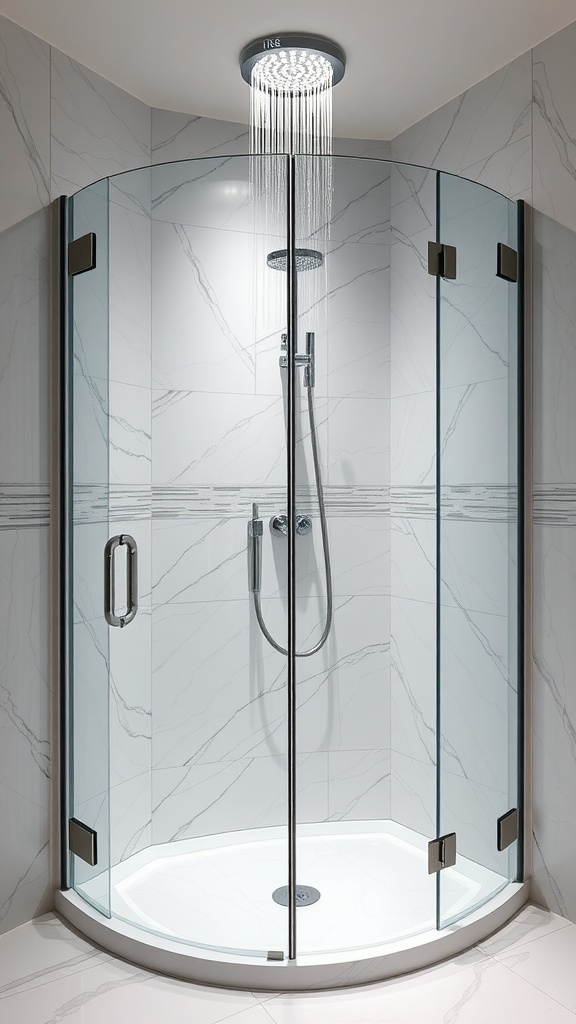 A modern spacious shower enclosure with glass walls and a stylish overhead shower.