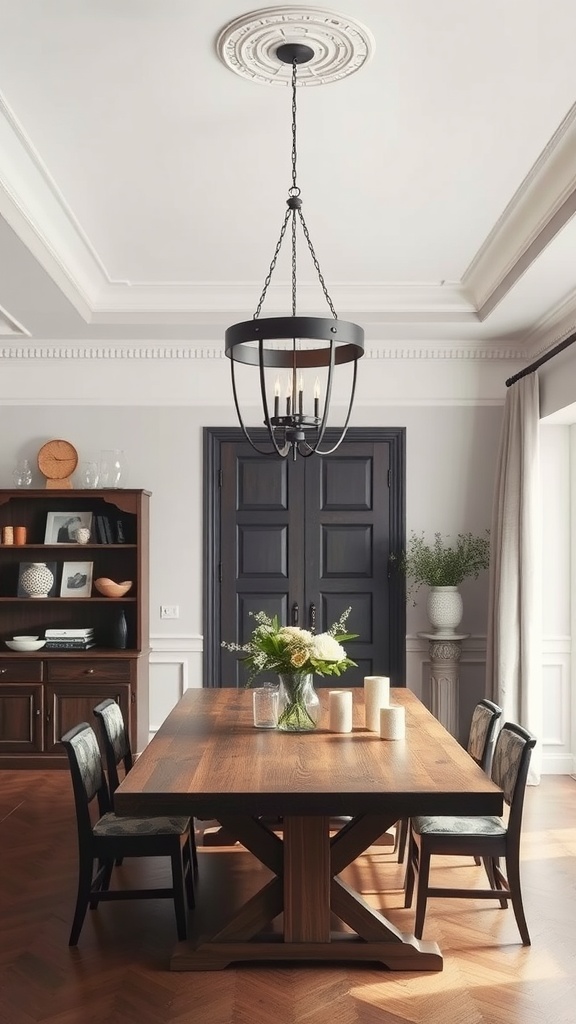 A stylish dining room featuring a wooden table, black chairs, and a pendant light fixture.