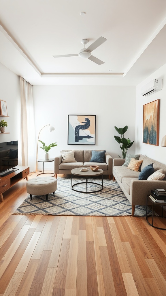 A small living room with a cozy couch, a round coffee table, and a patterned area rug.