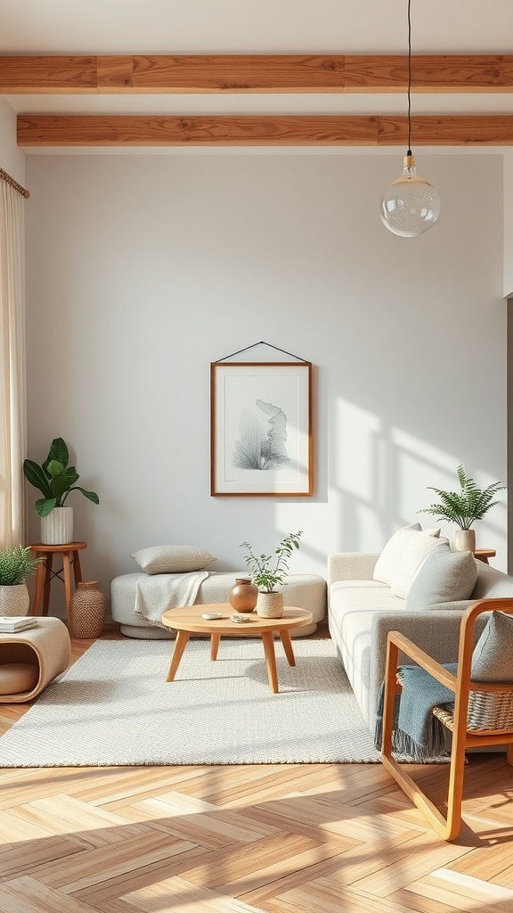 A cozy living room with sustainable furniture choices, featuring a light-colored sofa, wooden coffee table, plants, and natural lighting.