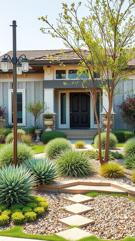 A sustainable xeriscaped front yard featuring native plants and decorative rocks.