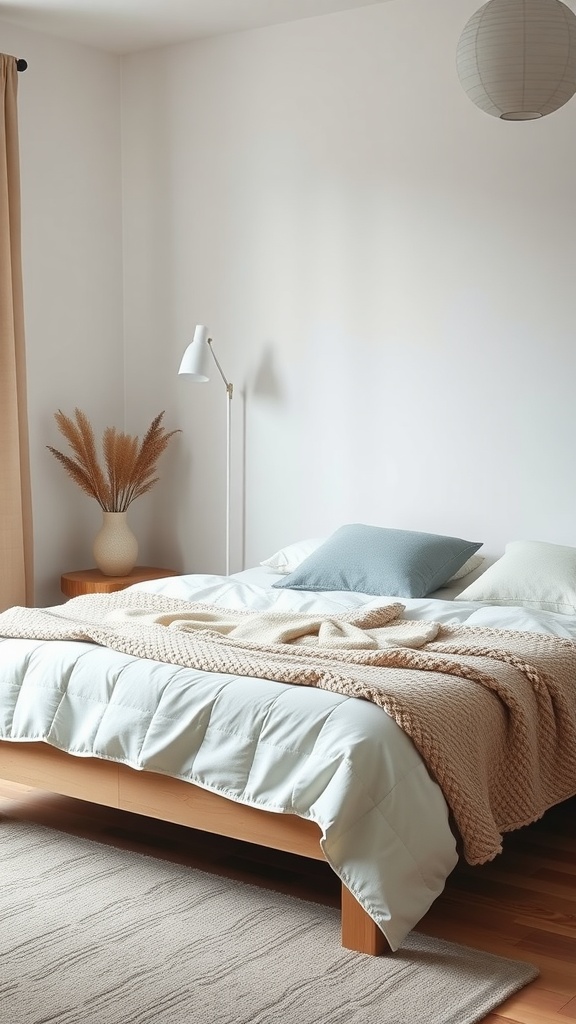 A minimalist bedroom featuring soft fabrics like a cotton duvet and a chunky knitted blanket.