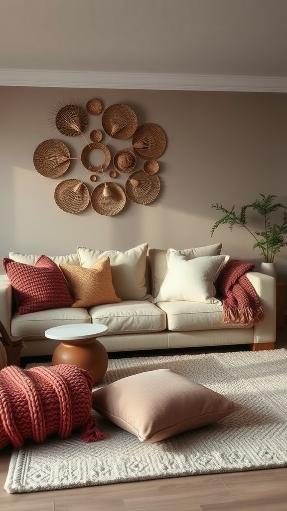 Cozy living room with a textured couch, colorful cushions, and woven wall art.