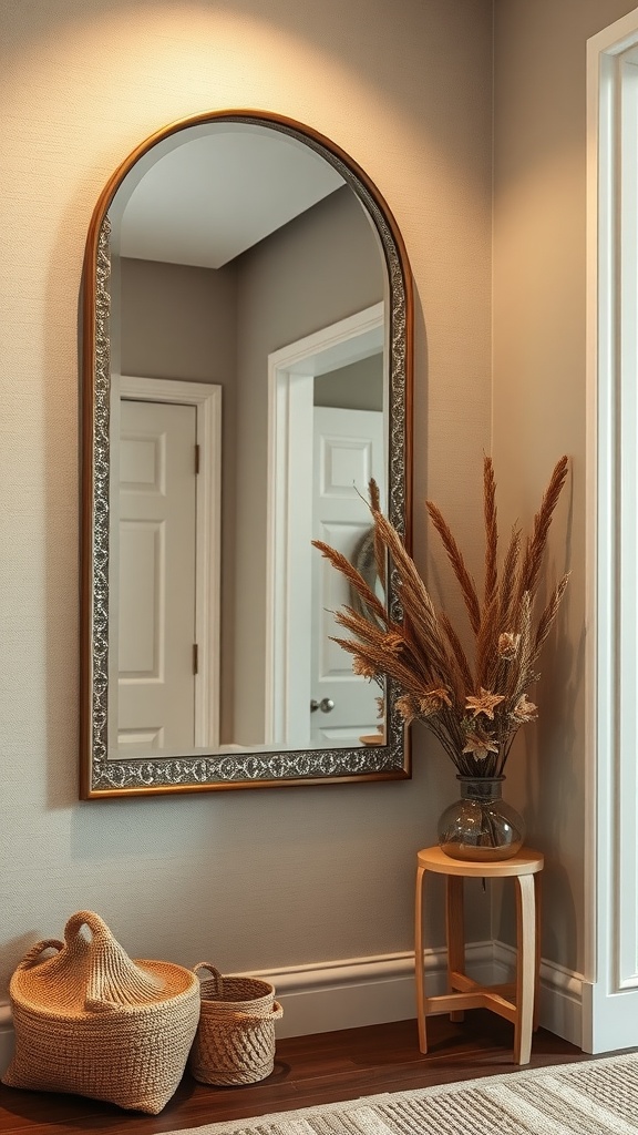 A stylish entryway featuring a textured metal frame mirror, decorative plants, and woven baskets.