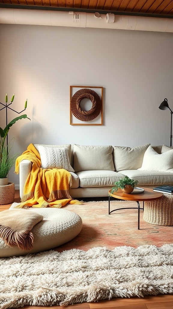 A cozy living room featuring a textured rug and colorful throws.