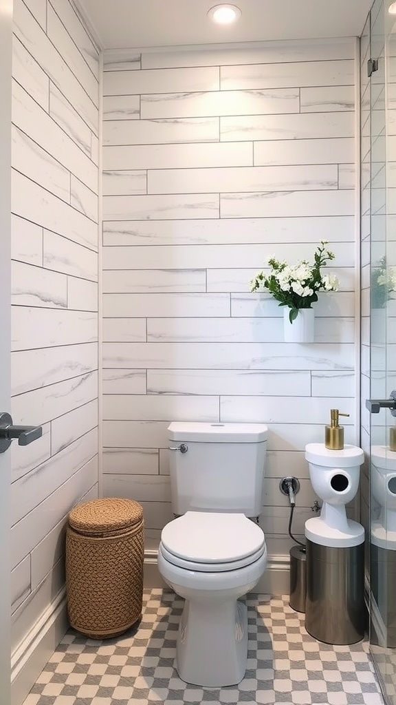 A stylish bathroom with textured wall treatments and modern fixtures.