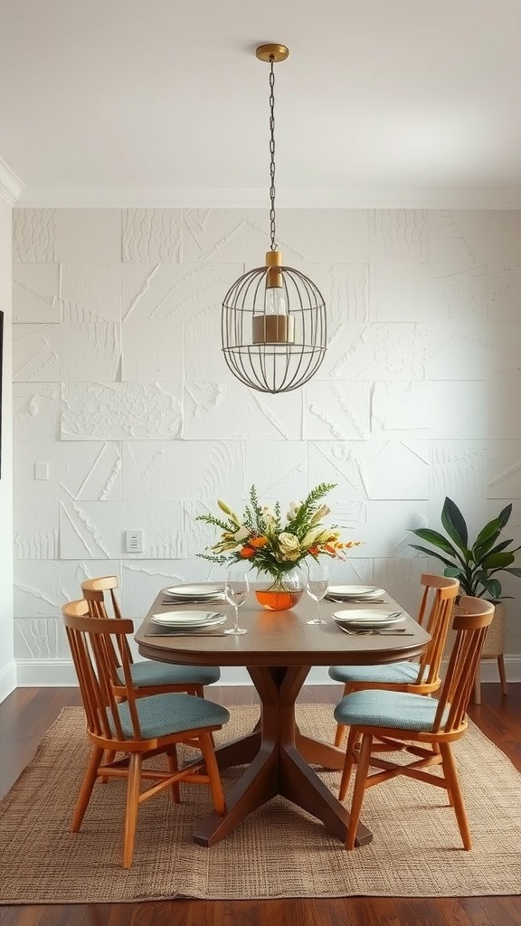 A cozy dining room featuring a textured wall treatment, wooden table, and stylish chairs.