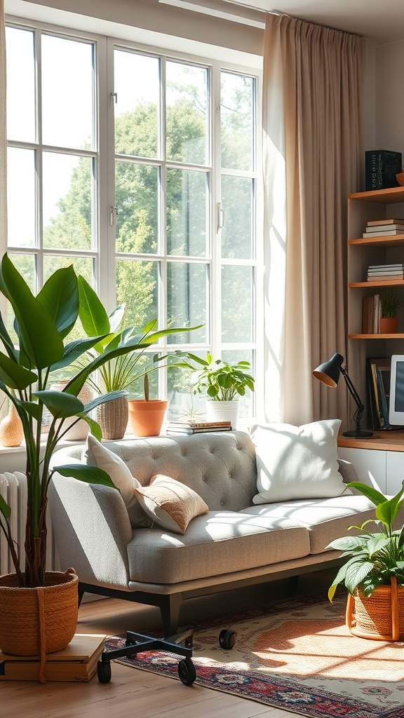 Cozy home office with a couch, plants, and natural light streaming through large windows.