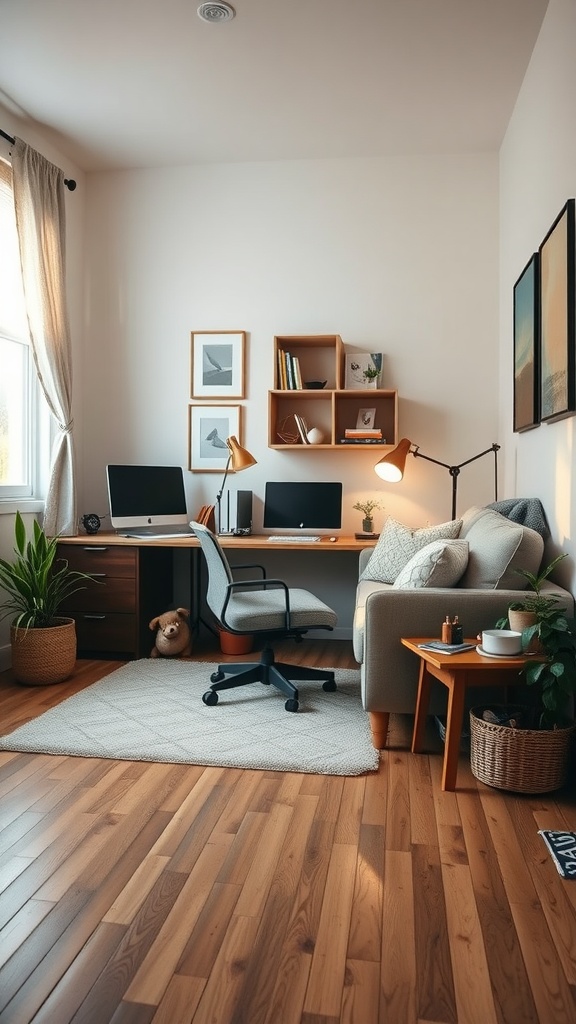 A cozy home office setup featuring a desk, couch, and plants.