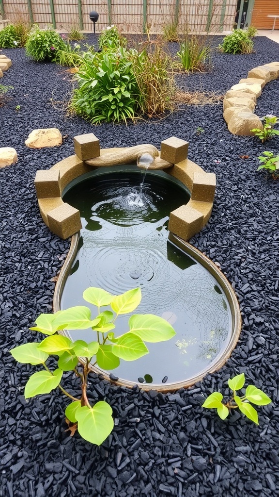 A landscaped area with a small water feature surrounded by black mulch and greenery.